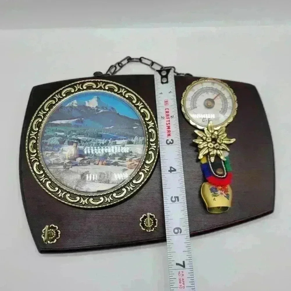 Vintage Wall Plaque Key Holder Wood With Round Picture,Bell,Thermometer 2 Hooks - Picture 6 of 13